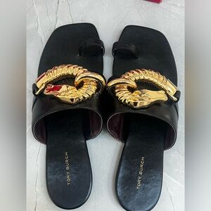Tory Burch Black Jessa Toe Ring Sandals with Gold Accents